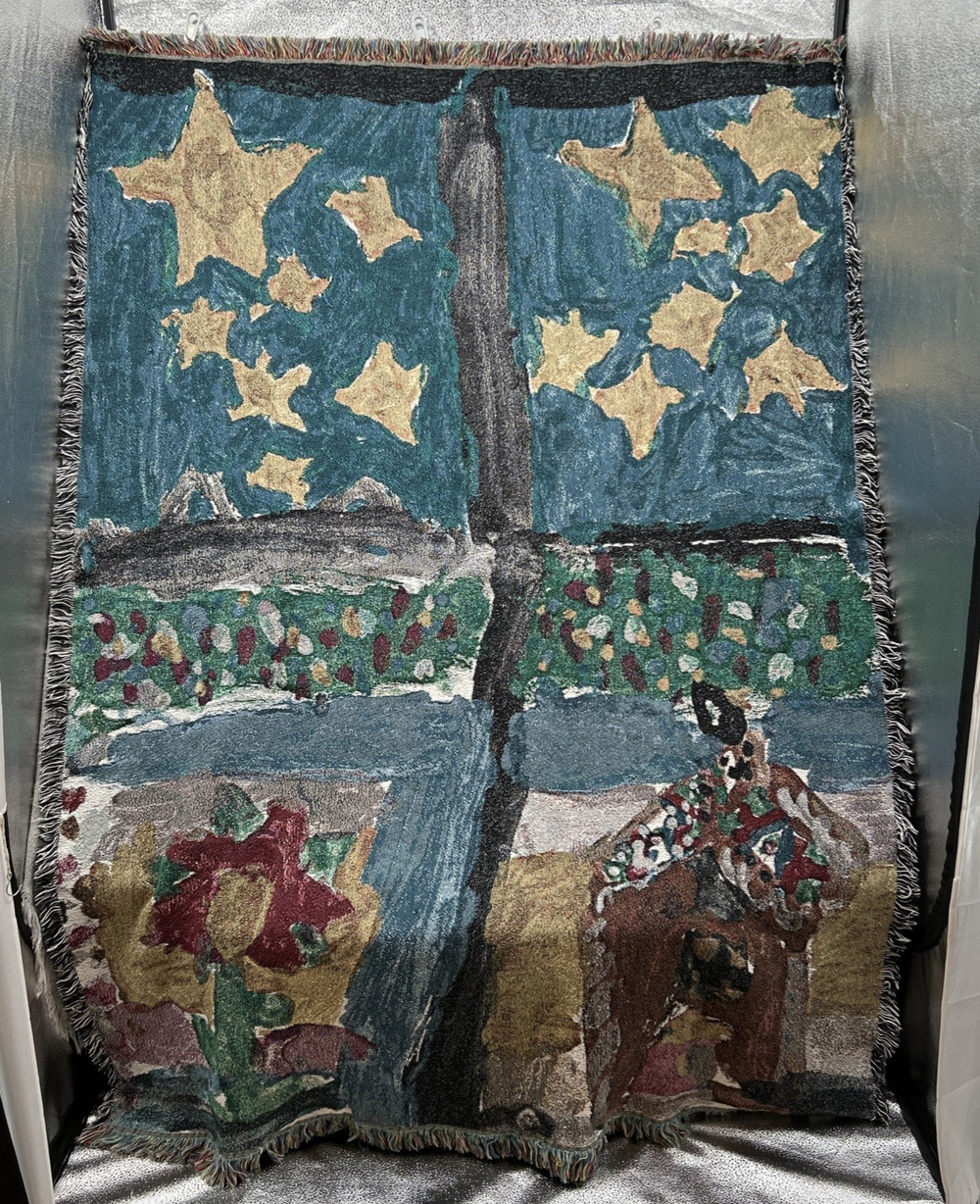 Window Pane Abstract Art Tapestry Throw Blanket Fringe Stars Flower Manger 70x50